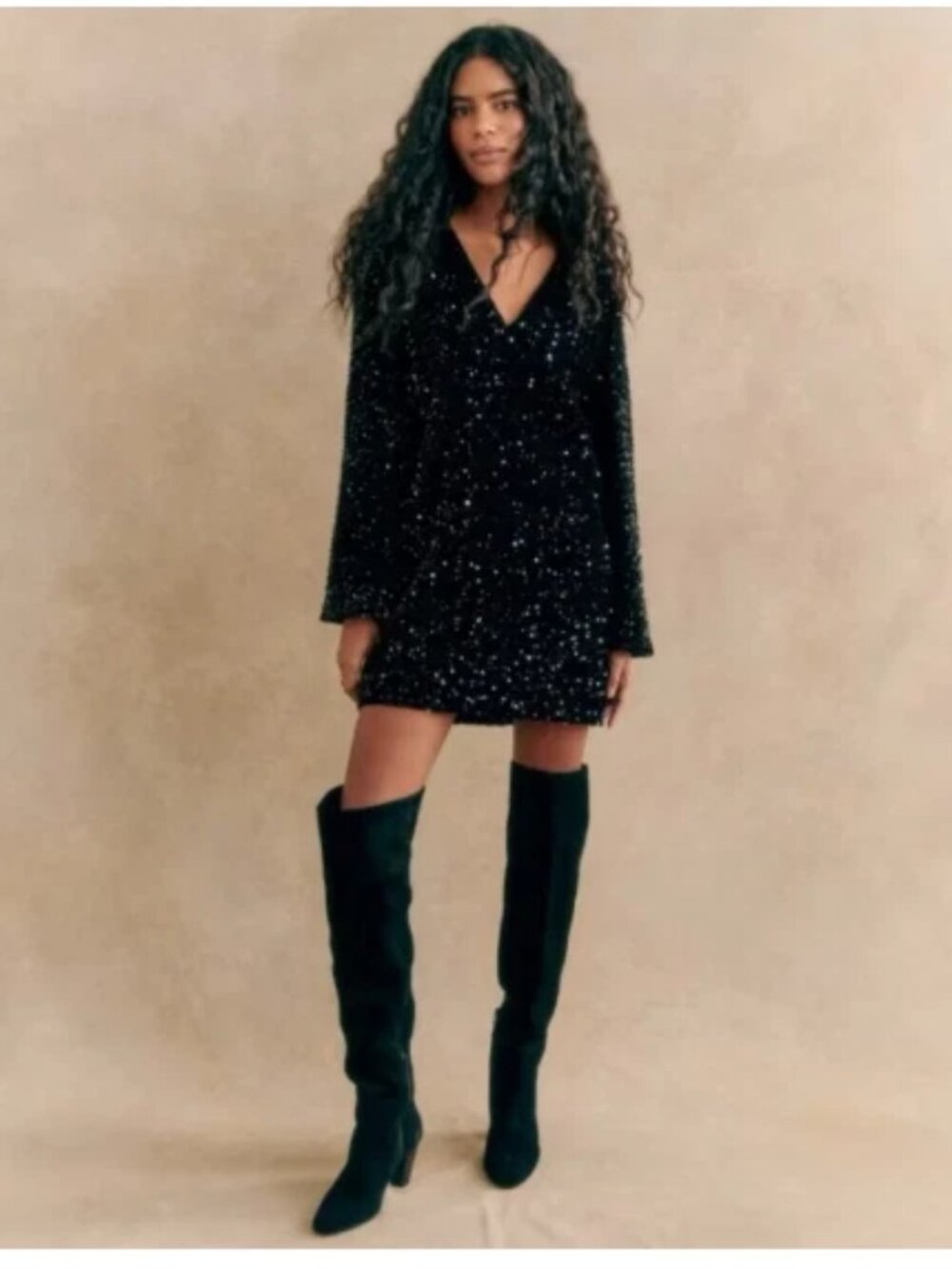 NWT Sézane Black Velvet  Sequins Long Sleeve V-Neck Evening Mini Dress US Sz 10